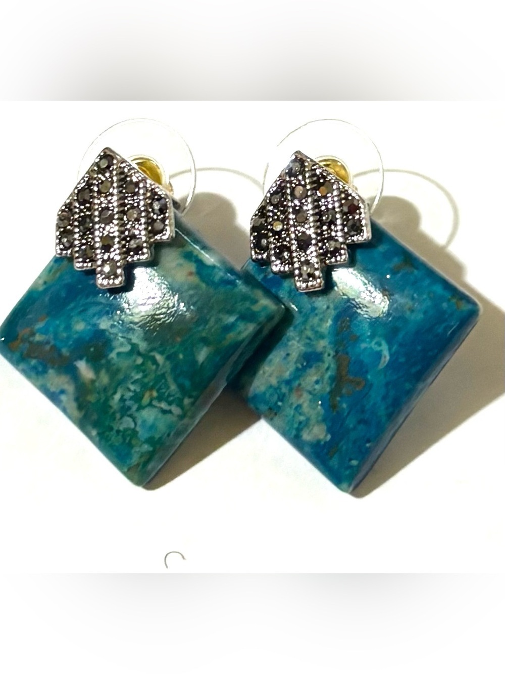 Fashion Jewelry Blue-Green Square Drop Earrings with Silver Tree Studs